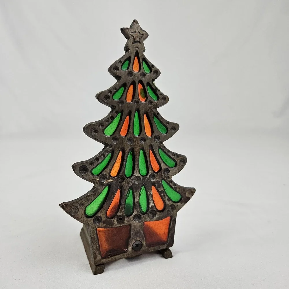 Vintage Cast Iron Glo-Candle Holder Stained Glass Tiffany Style 1977 Christmas
